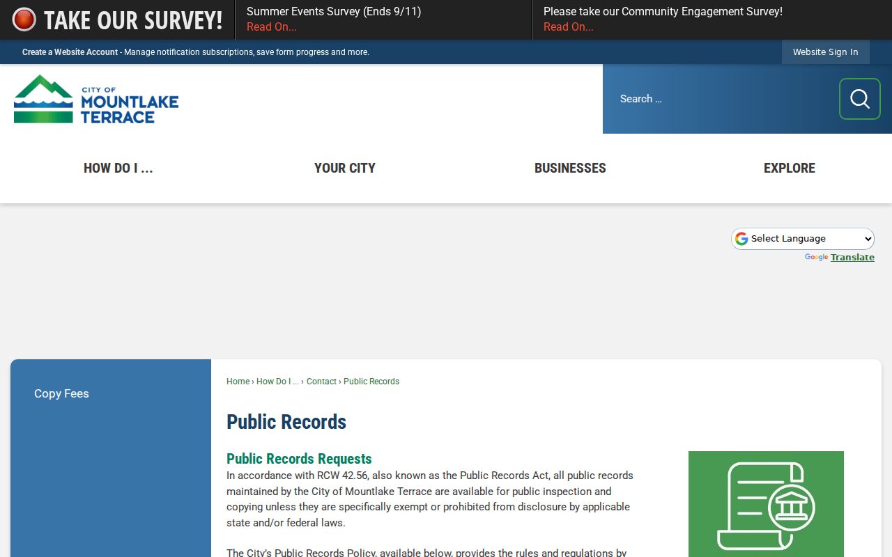 Mountlake Terrace residents directory public records request page
