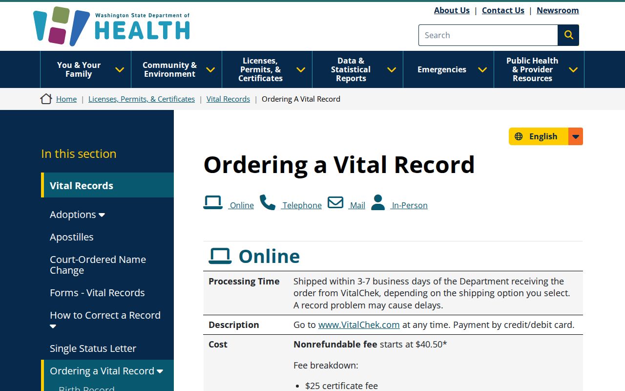 Mountlake Terrace resident lookup Washington vital records ordering page